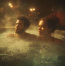 A couple relaxing in a hot tub with steam all around them at A field with the mountains in the distance with a bluish hue on the mountains near Happy Acres RV Park in Pueblo, Colorado.